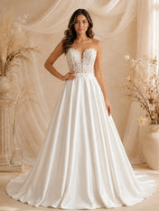 Sweetheart Illusion Lace Bodice Satin A-Line Wedding Dress with Chapel Train