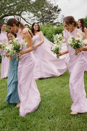 Sheath Halter White Silk Satin Long Bridesmaid Dresses
