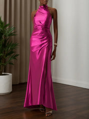 Rose Red Halter Neck Ruched Satin Mock Neck Sleeveless Sheath Gown Dress