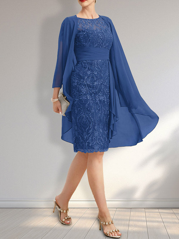Sheath Scoop Illusion Knee-Length Lace Chiffon Mother of the Bride Dress With Cascading Ruffles Sequins