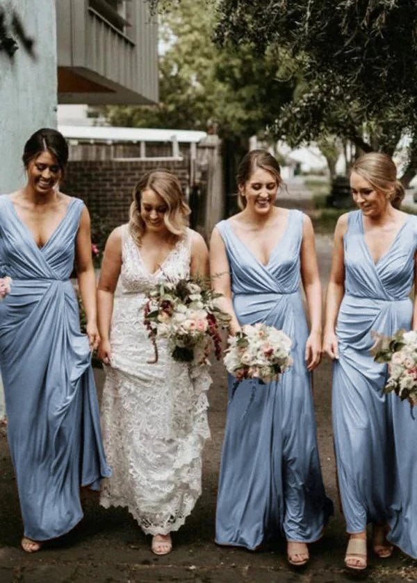 A Line Chiffon V Neck Sleeveless Floor Length Ruched Bridesmaid Dress