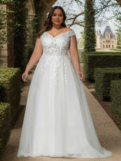 Off the Shoulder White Ball-Gown Applique Wedding Dress