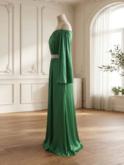 Off-the-Shoulder Long Sleeve Pleated Satin Mermaid Evening Gown with Sequins Belt