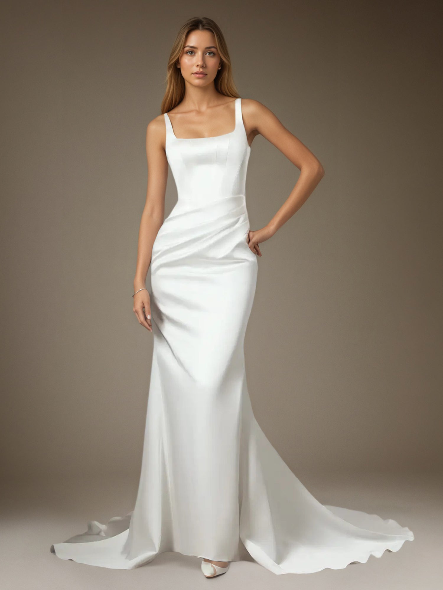 White Mermaid Square Neckline Double Faced Satin Wedding  Dress