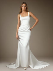 White Mermaid Square Neckline Double Faced Satin Wedding  Dress