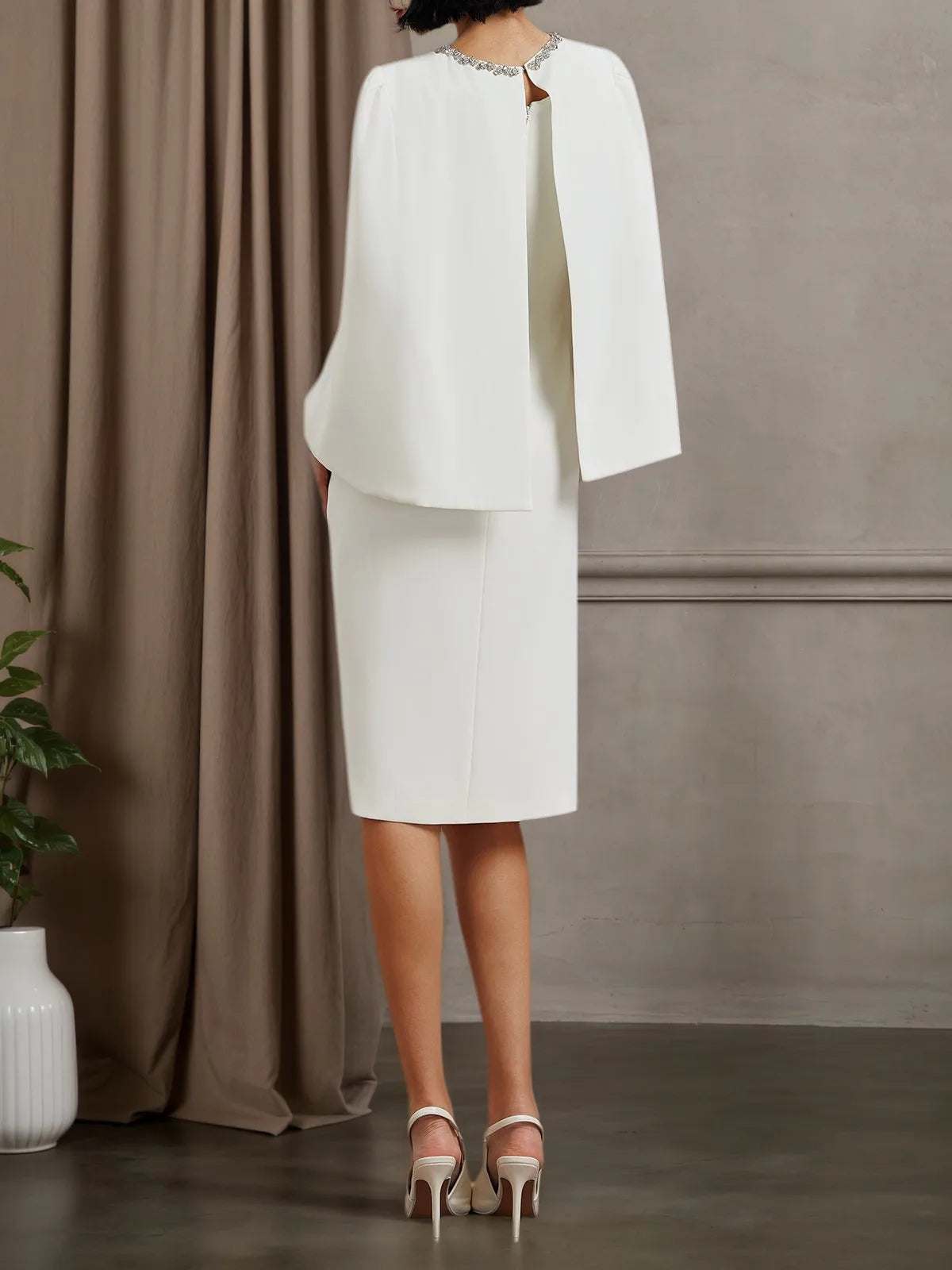 White Rhinestone Crew Neck Ruffled Sheath Two-piece Dresses