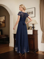A-line Scoop Illusion Asymmetrical Chiffon Lace Mother of the Bride Dress With Bow Ruffle Sequins
