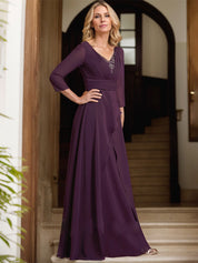 A-line V-Neck Floor-Length Chiffon Mother of the Bride Dress With Pleated Beading