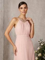 Pink Beaded Ruched Chiffon Halter Sleeveless A-Line Gown Maxi Dress