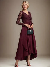 A-line V-Neck Asymmetrical Lace Chiffon Mother of the Bride Dress