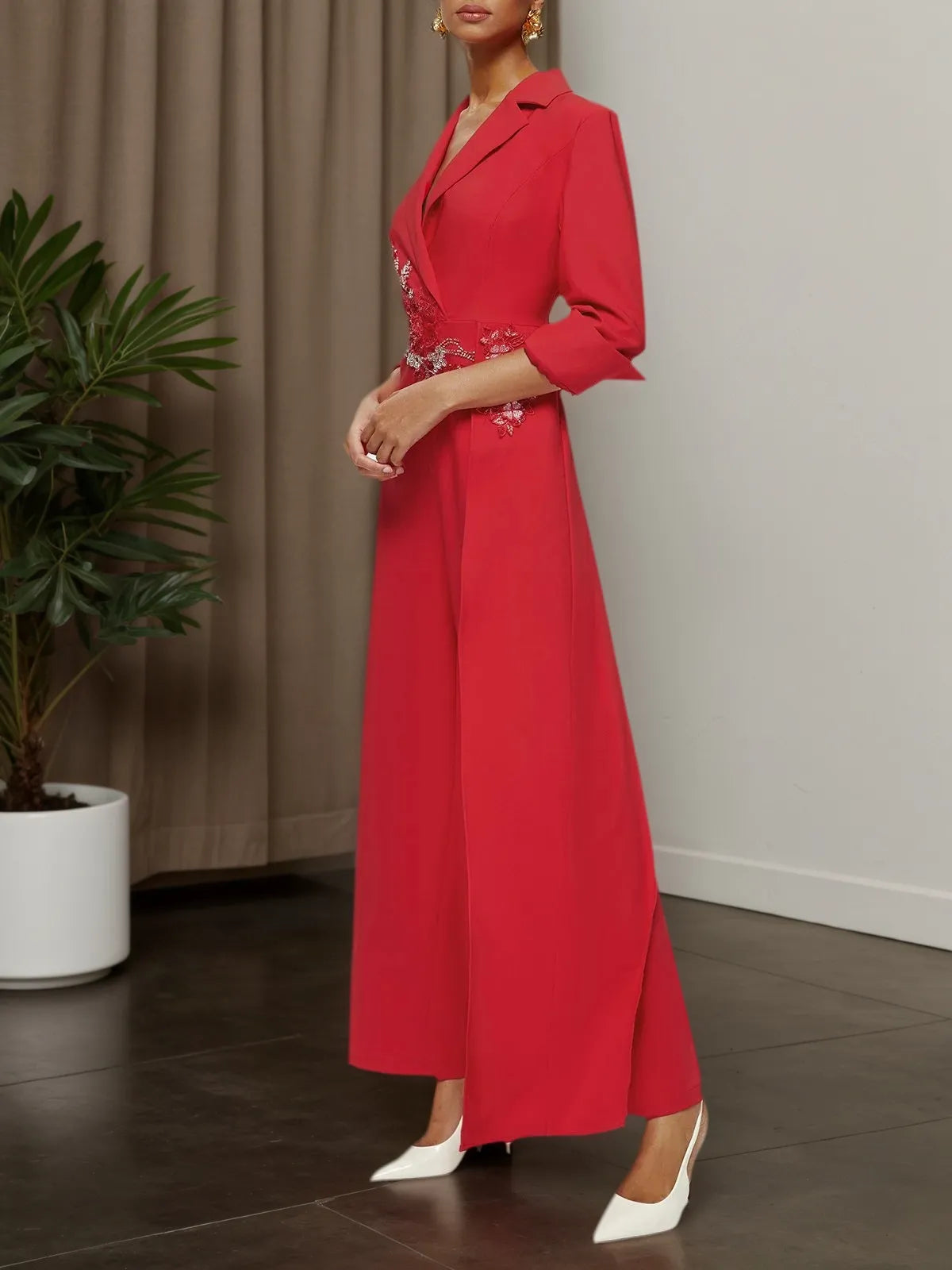 Red Applique Floral Lapel Collar Blazer Wide-Leg Jumpsuit