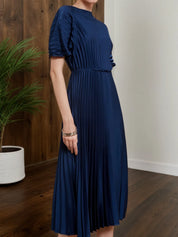 Dark Blue Satin Pleated Boat Neck A-Line Midi Dress