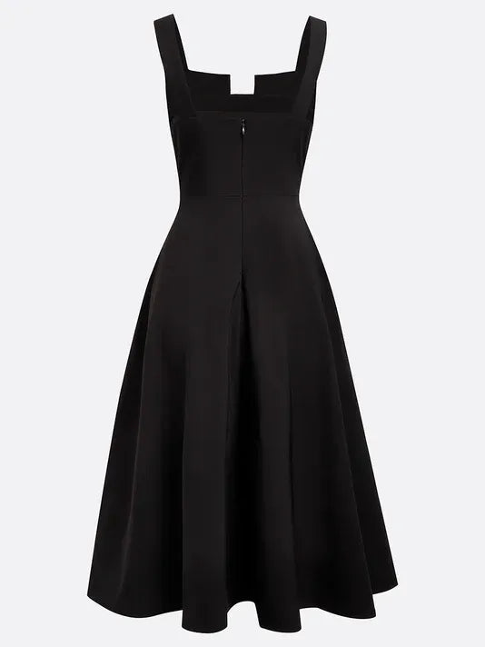 Black Buckle Notched Sleeveless A-Line Midi Dress