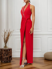 Red Halter Rhinestones Knot Front Slit Sheath Maxi Dress