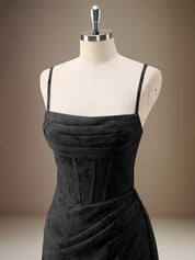 Black Sheath Spaghetti Straps Pleated Long Bridesmaid Dress with Slit
