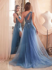 Blue A Line One Shoulder Long Corset Prom Dress With Slit