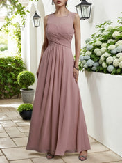 Pink Ruched Chiffon Crew Neck Sleeveless A-Line Maxi Bridesmaid Dress