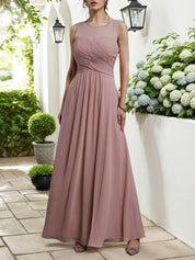 Pink Ruched Chiffon Crew Neck Sleeveless A-Line Maxi Bridesmaid Dress