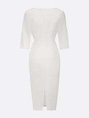 White Imitation Pearls Classic Crew Neck Half Sleeve Sheath Midi Dress