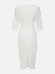 White Imitation Pearls Classic Crew Neck Half Sleeve Sheath Midi Dress