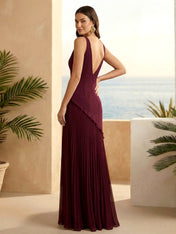 Burgundy V Neck A Line Pleat Maxi Dresses with Ruffle