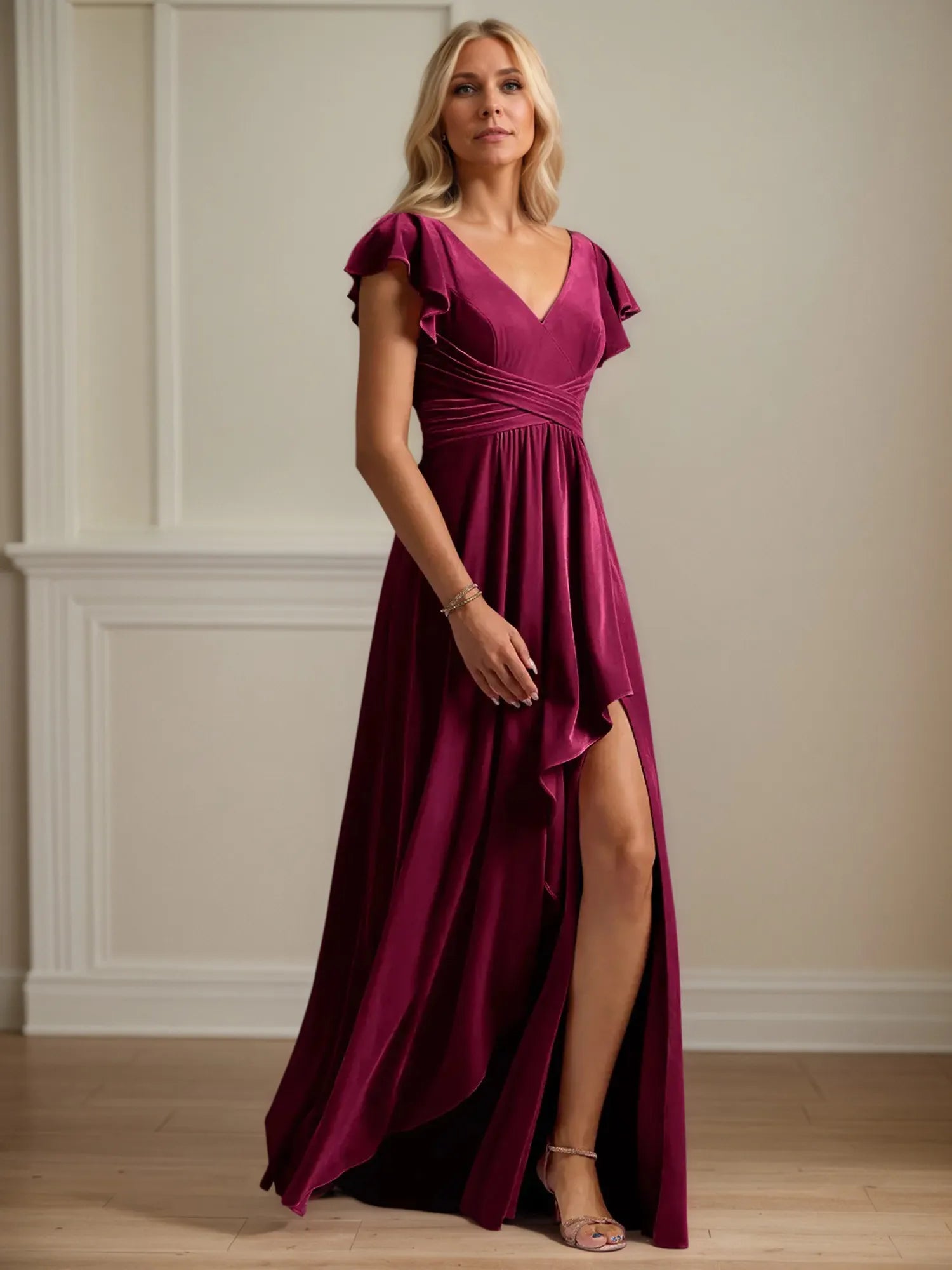 A Line V Neck Short Sleeve Velvet Mother of the Bride Dress With Ruffles