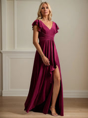 A Line V Neck Short Sleeve Velvet Mother of the Bride Dress With Ruffles