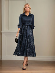 A-line Collared V-Neck Tea-Length Satin Lace Sequin Mother of the Bride Dress With Bow
