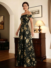 Elegant Black Off-The-Shoulder A-Line Mother of the Bride Dress with Gold Floral Jacquard