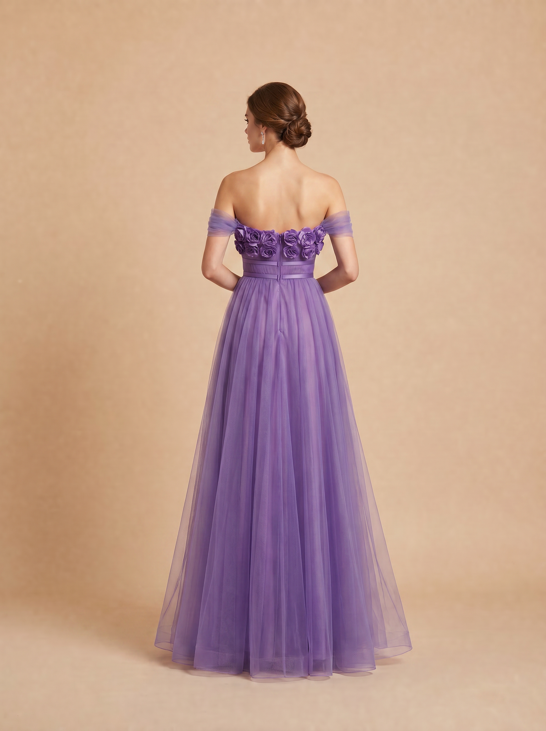 3D Rose A-Line/Princess Off-the-Shoulder Floor-Length Evening Dresses with Tulle