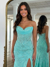 Strapless Corset Lace Floral Prom Dress with Thigh-High Slit