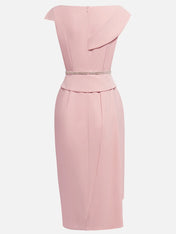 Pink Asymmetrical Neck Cap Sleeve Rhinestone A-Line Midi Dress