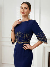 Navy Blue O Neck Half Sleeves Mermaid Satin Evening Dress with Beads