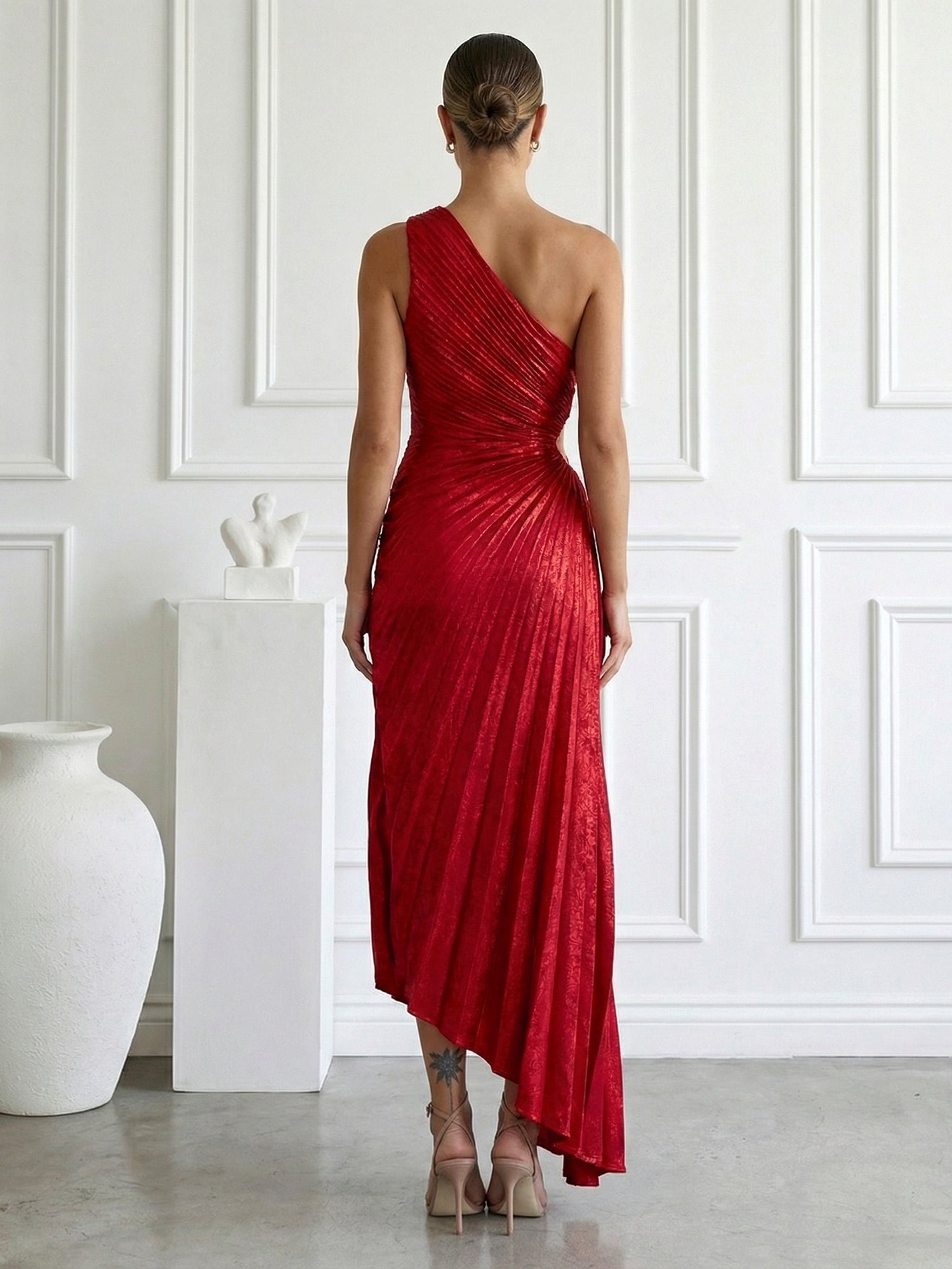 Burgundy One Shoulder Mermaid Maxi Dress Prom Dress with Pleat