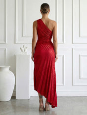 Burgundy One Shoulder Mermaid Maxi Dress Prom Dress with Pleat