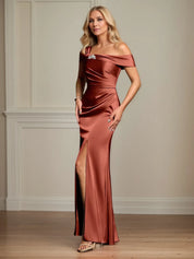 Trumpet/Mermaid Off the Shoulder Floor Length Ruched Satin Mother Of the Bride Dress