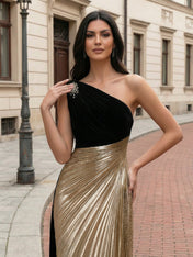 Evening Formal Dress Black Gold Metallic One-Shoulder Maxi Gown