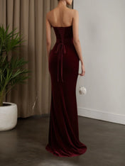 Wine Red 3D Floral Velvet Strapless Sleeveless Sheath Maxi Dress