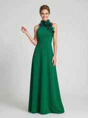 Halter Neck A-Line Chiffon Mother of the Bride Dress with 3D Floral Neckline Adornment