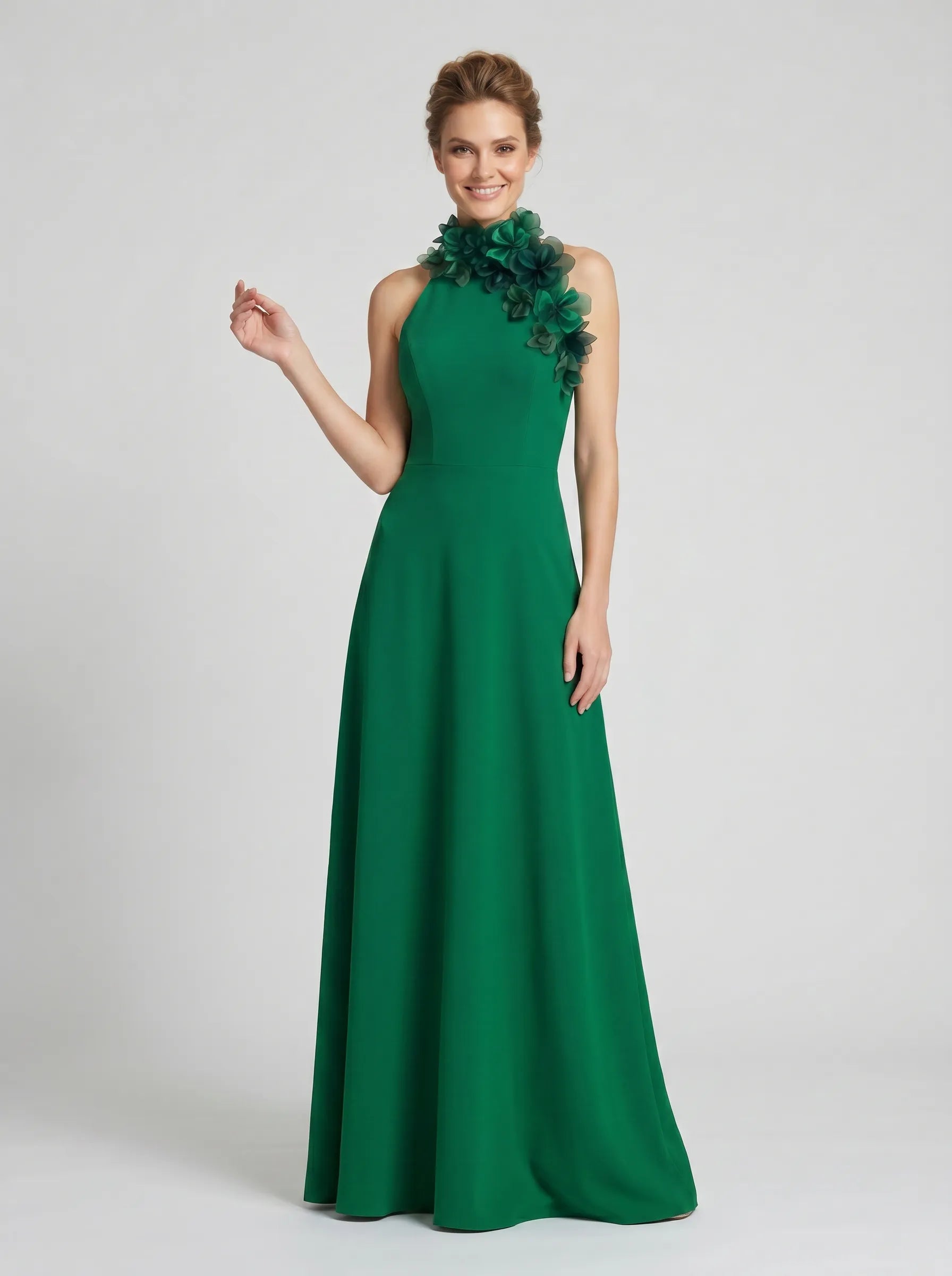 Halter Neck A-Line Chiffon Mother of the Bride Dress with 3D Floral Neckline Adornment