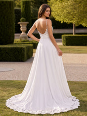 Elegant Cowl Neck Satin A-Line Wedding Dress with Spaghetti Straps and Sweep Train