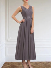 A-line V-Neck Ankle-Length Chiffon Mother of the Bride Dress With Sequins Appliques Lace Beading