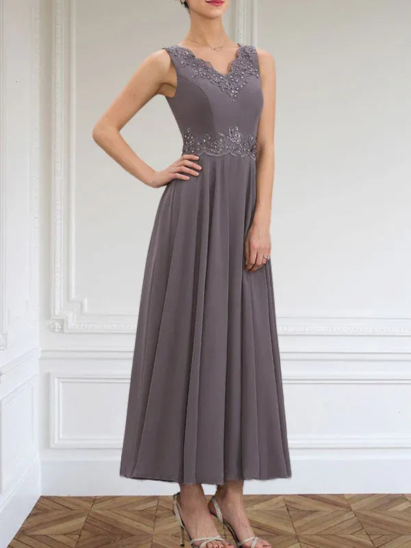 Robe de mère de la mariée trapèze en mousseline de soie, col en V, longueur cheville, avec appliques à paillettes et perles en dentelle 