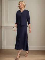 Separates A-line Scoop Tea-Length Chiffon Mother of the Bride Dress With Sequins Beading