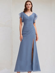 Slate Blue Chiffon A Line V Neck Floor Length Bridesmaid Dress With Ruffle