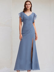 Slate Blue Chiffon A Line V Neck Floor Length Bridesmaid Dress With Ruffle