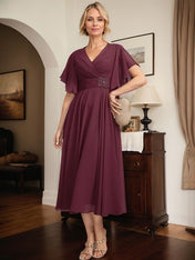 A-line V-Neck Tea-Length Chiffon Mother of the Bride Dress With Pleated Beading