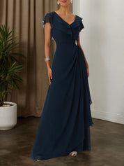 Purplish blue Ruffled Rhinestones Chiffon V Neck Short Sleeve A-Line Maxi Mother of the Bride or Groom Dress