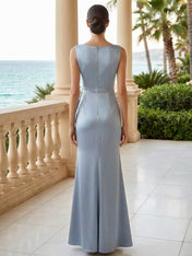 Dusty Blue Scoop Neck Evening Dress with Ruffle Mermaid Maxi Dress