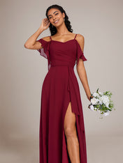 Burgundy A-Line Spaghetti Straps Floor-Length Chiffon Bridesmaid Dress With Ruffle